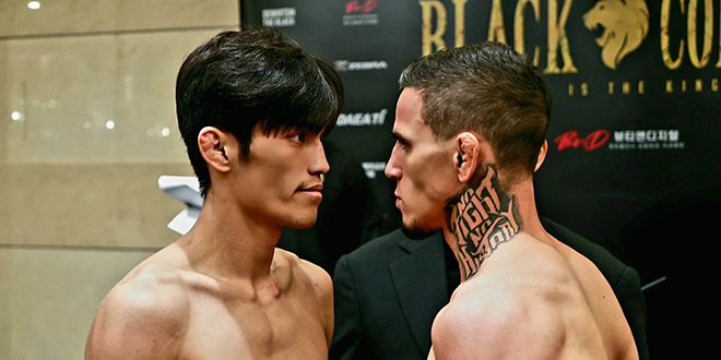 "Red Falcon" Ji Hyuk-min faces TRG Felipe Pereira after passing the black kombat featherweight class at the Grand Ballroom of the Koryo Hotel in Bucheon, Gyeonggi-do, in May 2026. The two will compete in the second most important event, the nose-main event of the Bucheon Gymnasium MMA. Photo = Lee Kyo-duk, a martial arts reporter