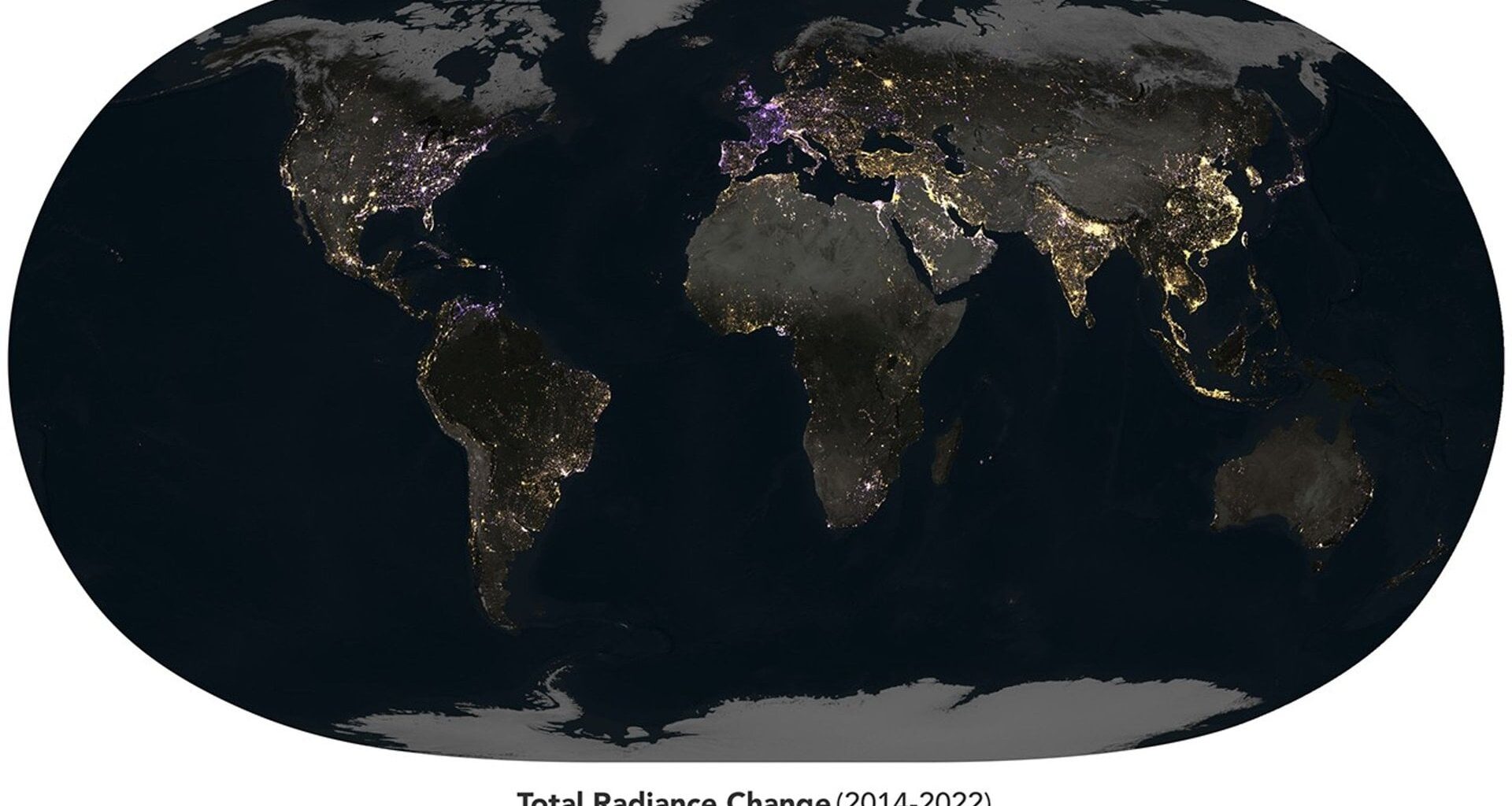 Some parts of the planet are shown to brighten (gold) and some dim (purple) in an analysis of nearly a decade of nighttime lights data from NASA's Black Marble product. NASA Earth Observatory/Michala Garrison
