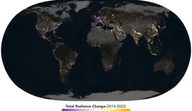 Some parts of the planet are shown to brighten (gold) and some dim (purple) in an analysis of nearly a decade of nighttime lights data from NASA's Black Marble product. NASA Earth Observatory/Michala Garrison