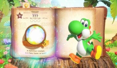 Yoshi dancing in front of a giant open book with a rainbow lens portal looking at an open page