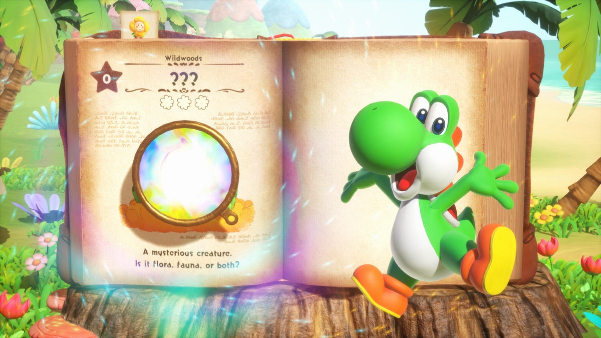 Yoshi dancing in front of a giant open book with a rainbow lens portal looking at an open page