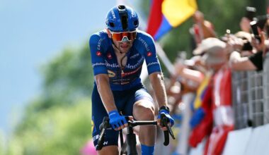 Ciccone finishing the stage with cheering fans in the background