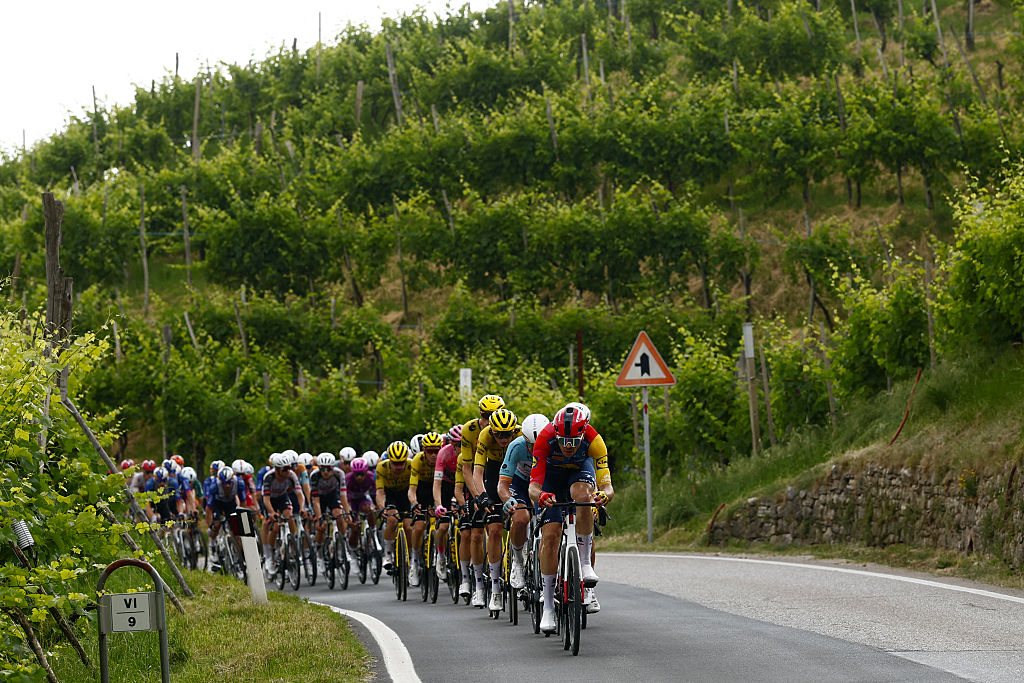 Riders climb near Valdobbiadene during the 18th stage of the Giro d'Italia 2026 - Tour of Italy cycling race between Fai della Paganella and Pieve di Soligo, Italy, on May 28, 2026. (Photo by Luca Bettini / AFP)