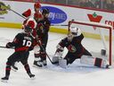 Ottawa Senators goalie Linus Ullmark makes a big glove save during the third period of Game 4 against the Carolina Hurricanes at the Canadian Tire Centre on April 25, 2026.