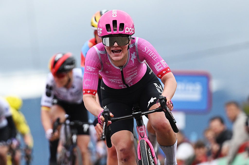 SALVATERRA DE MINO, SPAIN - MAY 03: Noemi Ruegg of Switzerland and Team EF Education-Oatly celebrates at finish line as stage winner during the 12th La Vuelta Femenina 2026, Stage 1 a 113.9km stage from Marin to Salvaterra de Mino / #UCIWWT / on May 03, 2026 in Salvaterra de Mino, Spain. (Photo by Szymon Gruchalski/Getty Images)