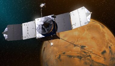 An illustration of MAVEN in orbit around Mars