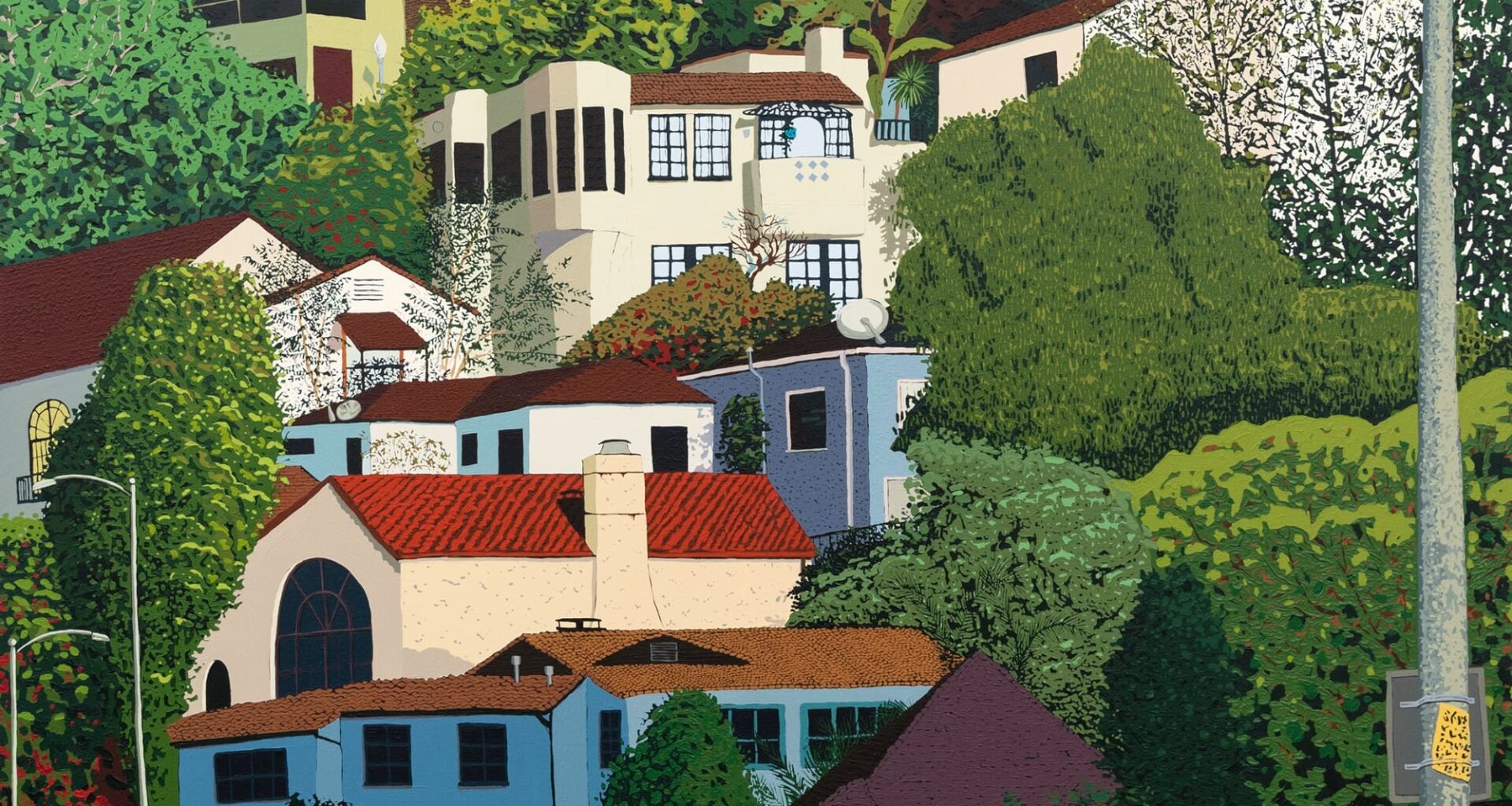 a vibrant painting by Hilary Pecis of houses in the hills