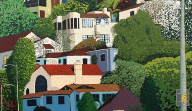 a vibrant painting by Hilary Pecis of houses in the hills