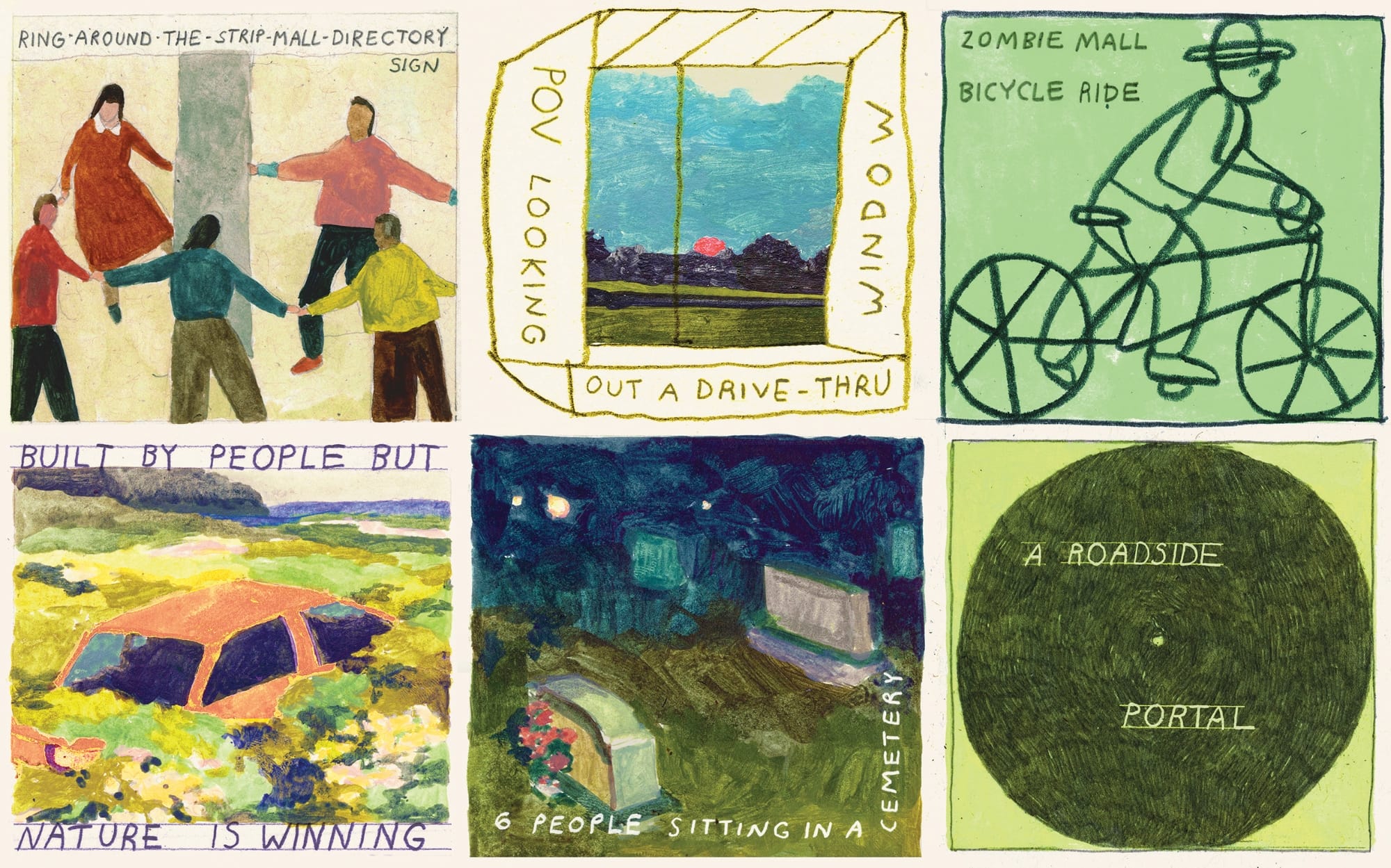 a grid of six small drawn prompts for photos by Pat Perry