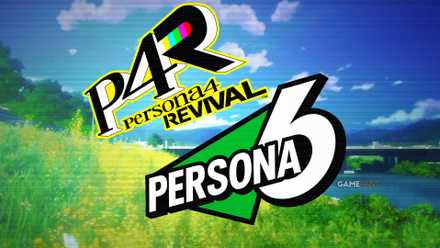 Persona 4 Revival logo above mockup Persona 6 green logo over Inaba TV scenery composite
