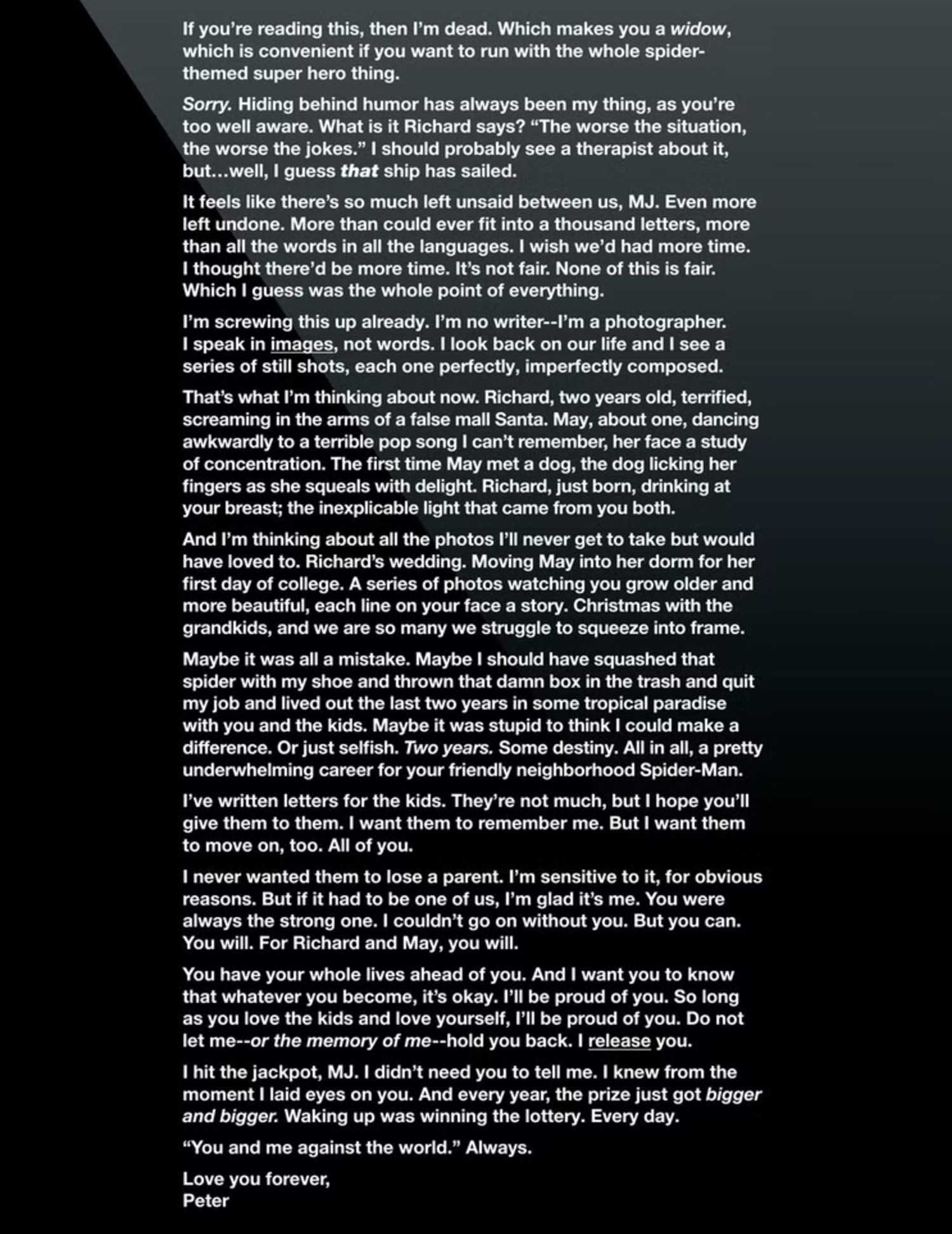 PETER PARKER'S LETTER TO HIS FAMILY IN ULTIMATE SPIDER-MAN