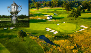 PGA Championship Wanamaker trophy next to Aronimink Golf Club