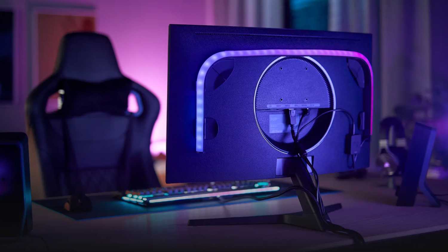 A desktop PC with the Philips Hue Play Gradient Lightstrip.