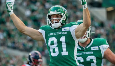 Receiver Mitch Picton on the field with the Saskatchewan Roughriders.