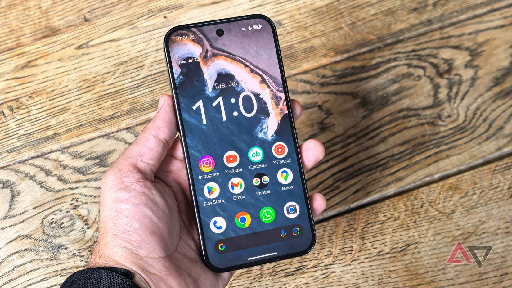 A Googe Pixel phone showing the Google Pixel Launcher on the home screen