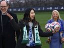 Anne Kang, Minister of Tourism, Arts, Culture and Sports   with Vancouver Whitecaps CEO Axel Schuster and BC Soccer president Debbie Pudek during an annoucement about a provincial legacy of the FIFA World Cup 2026.  