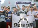 Vancouver Whitecaps supporters rally to keep the team in Vancouver, outside the Vancouver Convention Centre which is hosting the FIFA Congress, in Vancouver, B.C., April 30, 2026. 