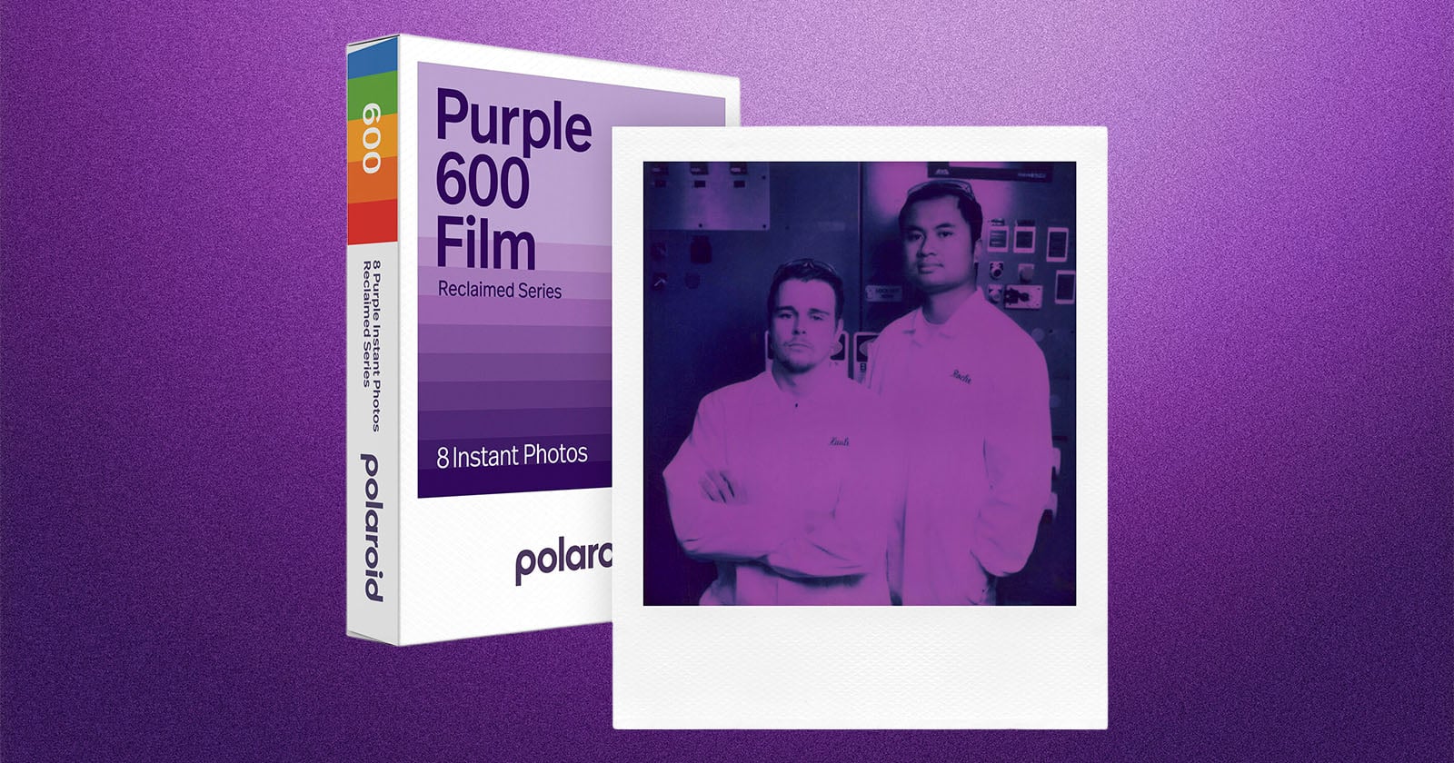 A Polaroid Purple 600 Film box stands next to a purple-tinted instant photo showing two people in lab coats posing against a purple gradient background.