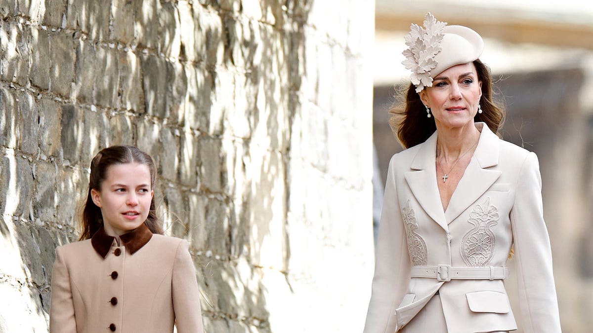 Princess Charlotte and Catherine, Princess of Wales, walking at St George's Chapel Windsor Castle
