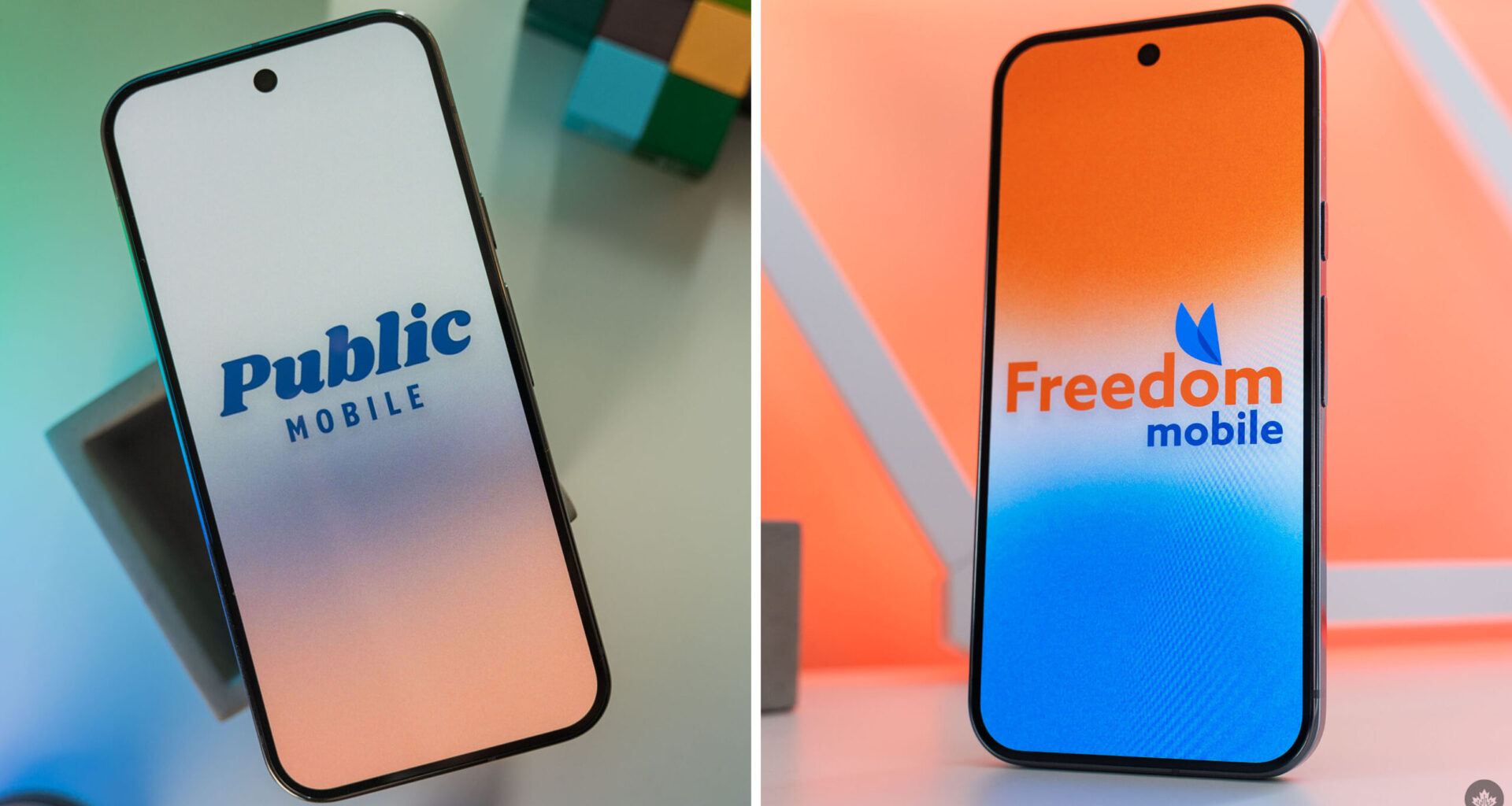 Public Mobile and Freedom Mobile logos on phones.