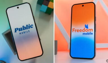 Public Mobile and Freedom Mobile logos on phones.