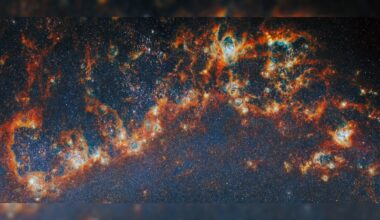 a curl of red-and-white gas on a black starry background