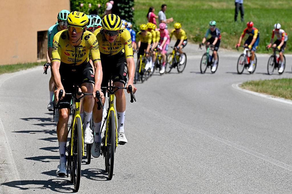 PIANCAVALLO, ITALY - MAY 30: Timo Kielich of Belgium and Team Visma | Lease a Bike leads the peloton during the 109th Giro d&amp;apos;Italia 2026, Stage 20 a 200km stage from Gemona del Friuli to Piancavallo 1289m / #UCIWT / on May 30, 2026 in Piancavallo, Italy. (Photo by Tim de Waele/Getty Images)