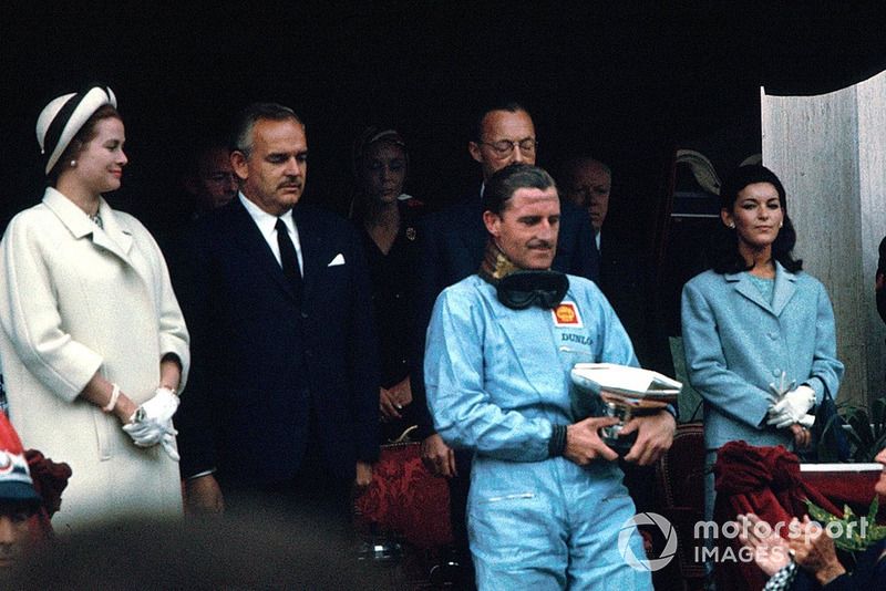 Hill on the podium after winning the 1965 Monaco GP - one of his greatest drives