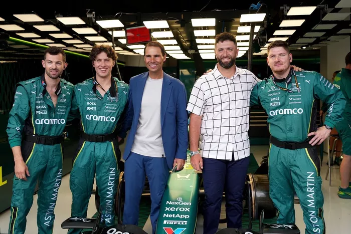 Rafael Nadal and Jon Rahm visit the Aston Martin F1 Team garage.