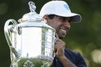 Aaron Rai of England poses with The Wanamaker Trophy after winning the 2026 PGA Championship at Aronimink Golf Club on May 17, 2026 in Newtown, Pa.