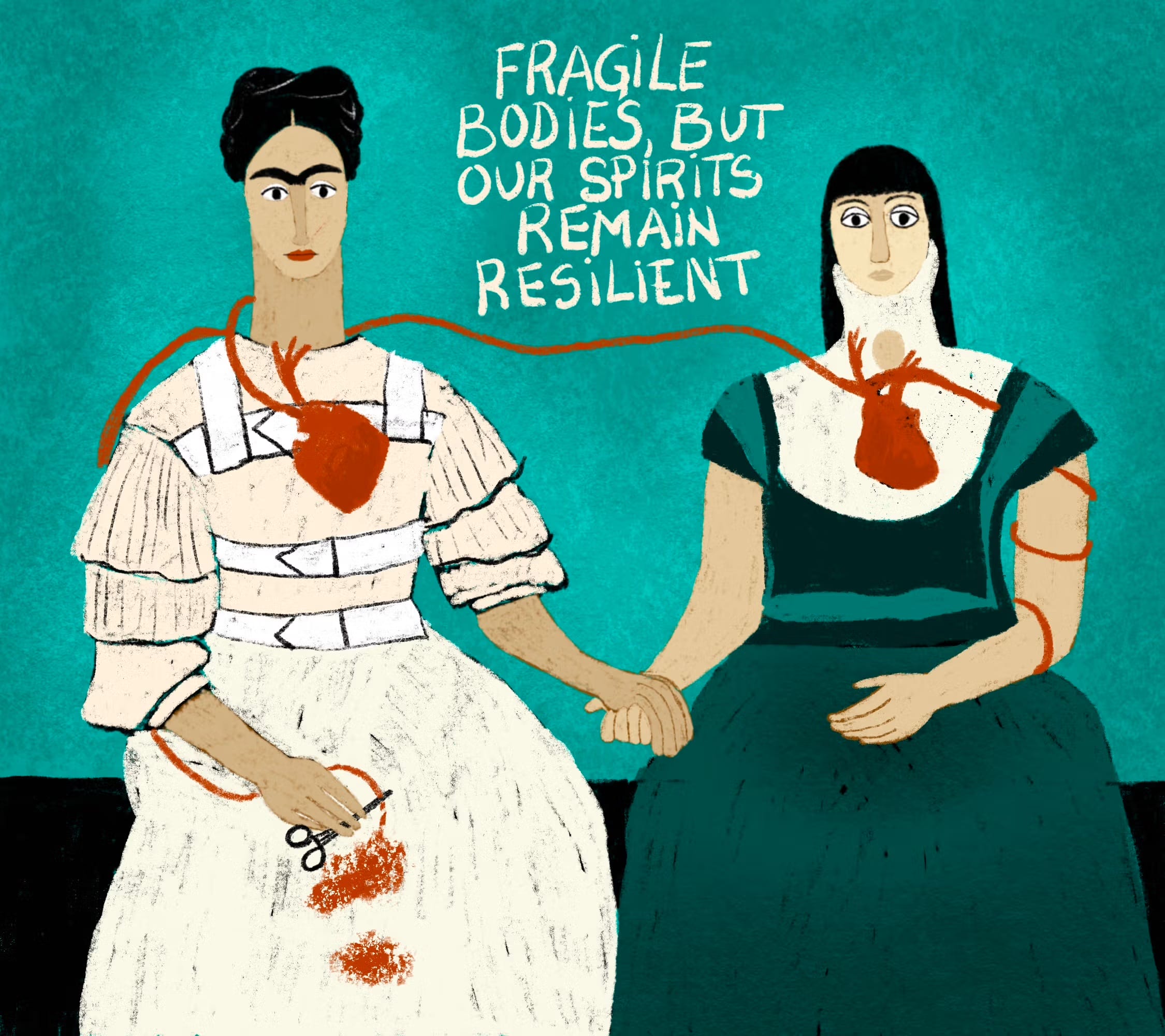 an illustration by Fatinha Ramos of herself and Frida Kahlo with their hearts and hands connected