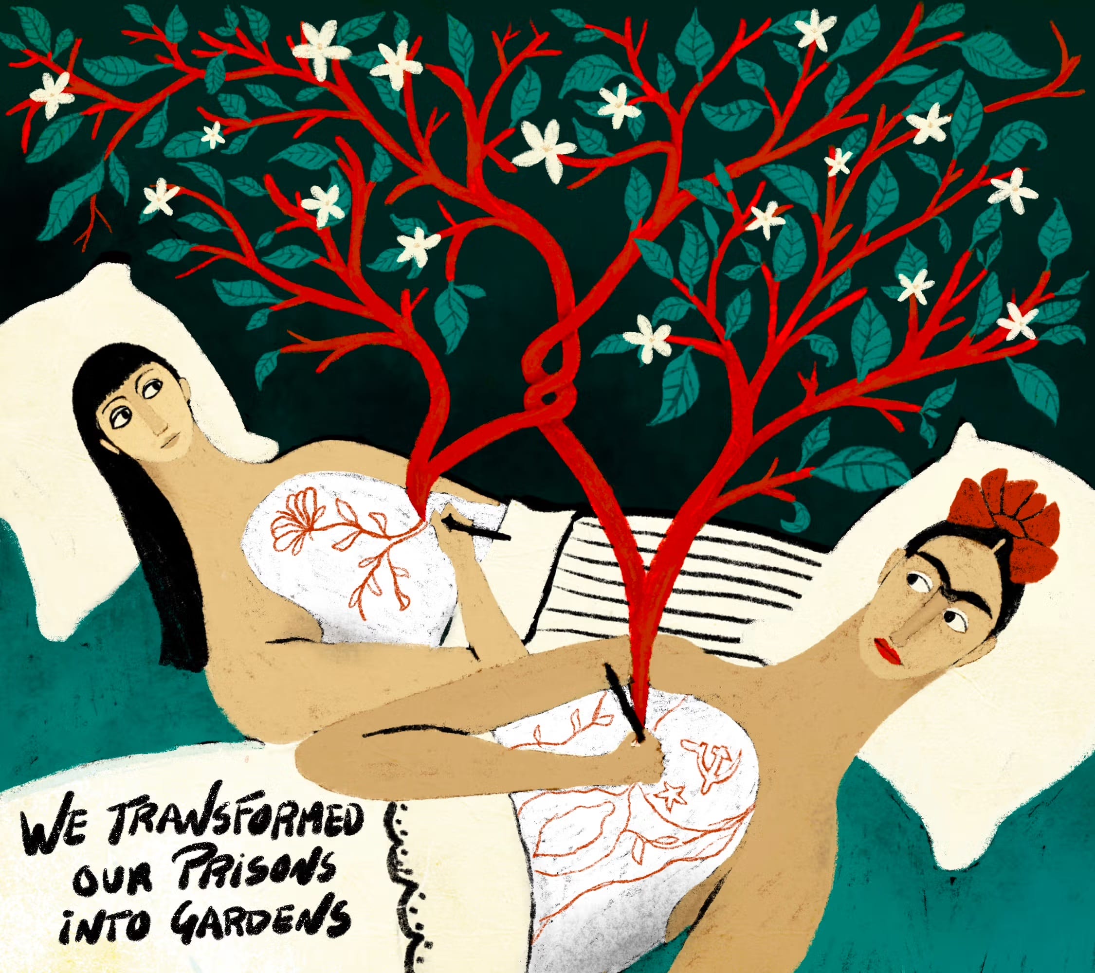 an illustration by Fatinha Ramos of herself and Frida Kahlo in bed with red-stemmed plants growing from their bodies