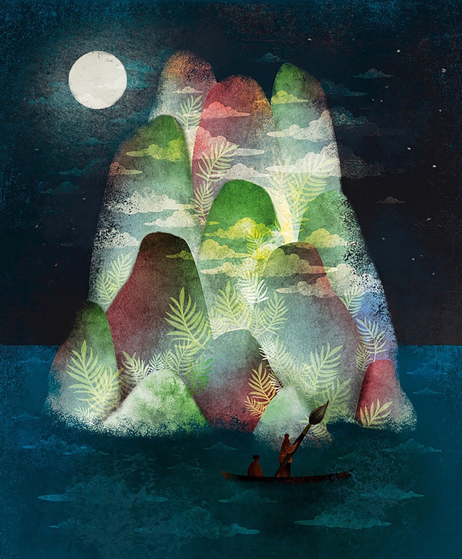 an illustration by Fatinha Ramos of a small figure in a boat looking at a large lush island at night