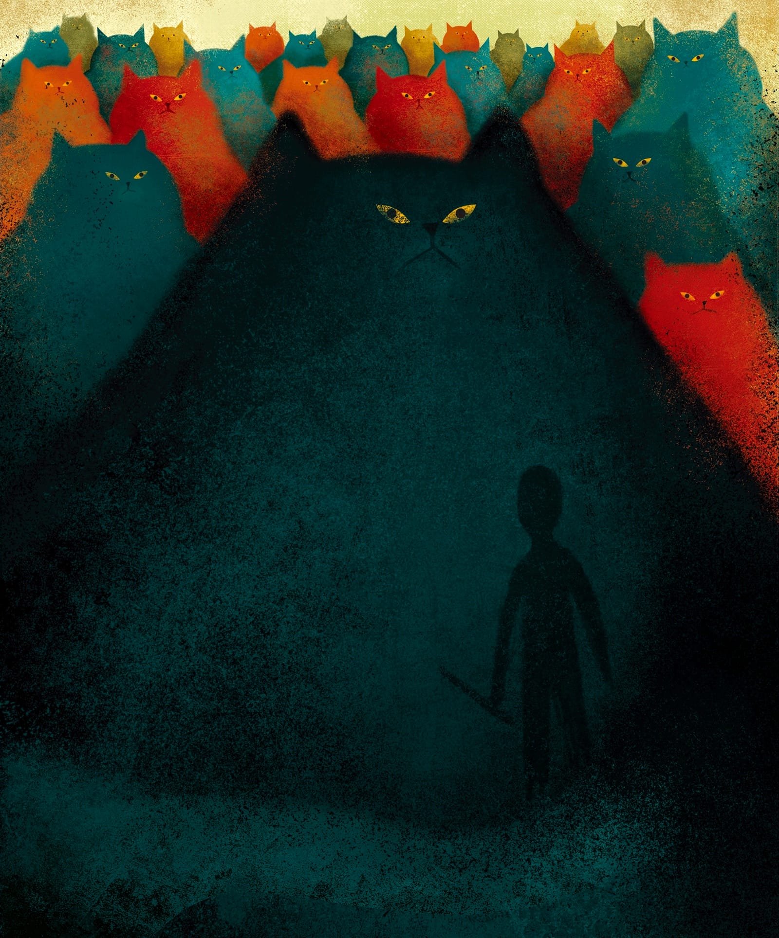 an illustration by Fatinha Ramos of a figure standing in the shadow of an army of cats