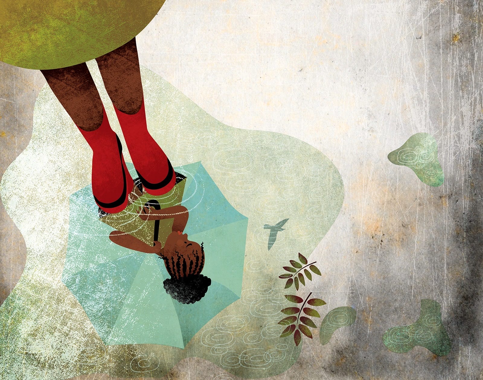 an illustration by Fatinha Ramos of a little girl looking down at a puddle while it rains