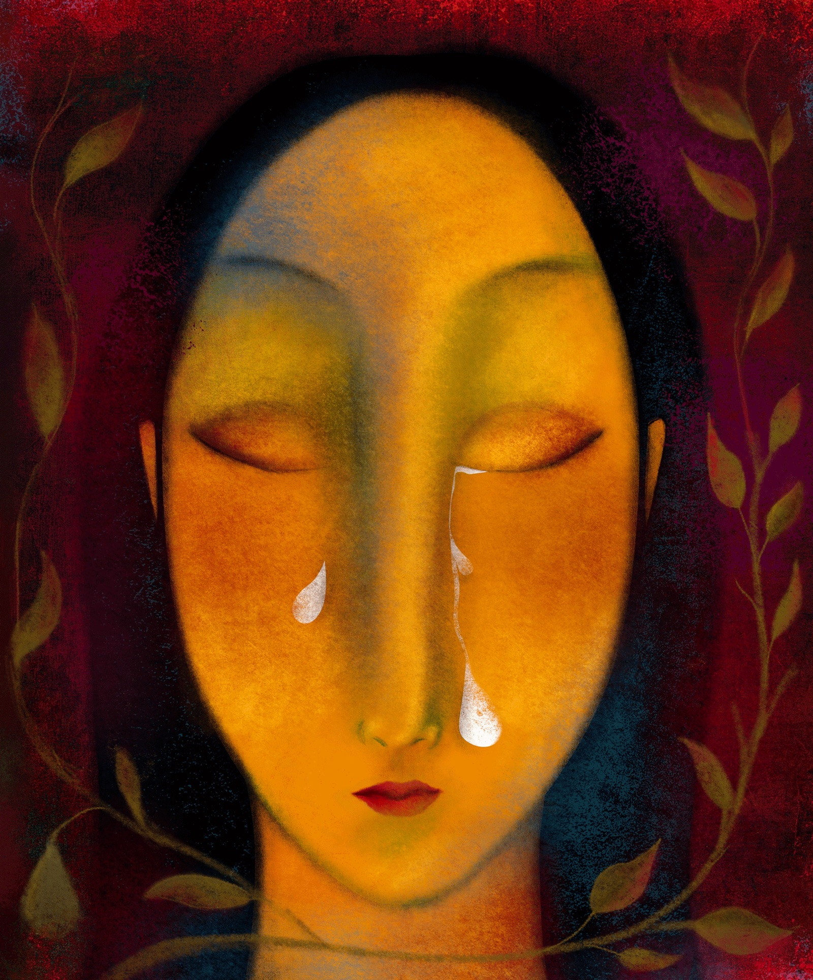 an illustration by Fatinha Ramos of a woman crying with leaves falling in the background