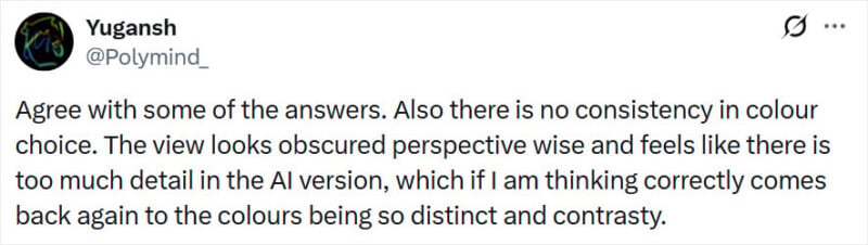 A tweet by @Polymind_ discusses inconsistency in color choice and how the AI version's distinct, contrasting colors add too much detail and obscure perspective.
