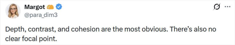 Tweet by a user named Margot says: "Depth, contrast, and cohesion are the most obvious. There’s also no clear focal point." Margot’s profile photo and Twitter handle @para_dim3 are visible.