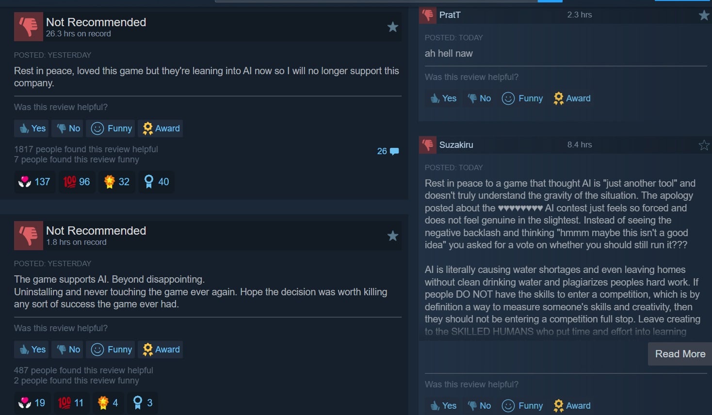 Screenshots show negative Steam reviews. 
