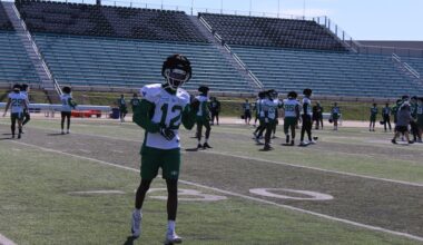 Malcolm Bell at the Saskatchewan Roughriders training camp on May 13, 2026.