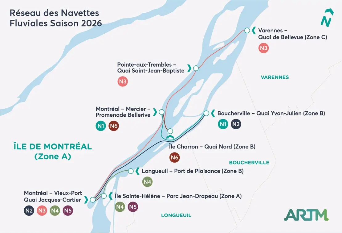 Map of six river shuttles along the St. Lawrence River between Montreal and the south shore