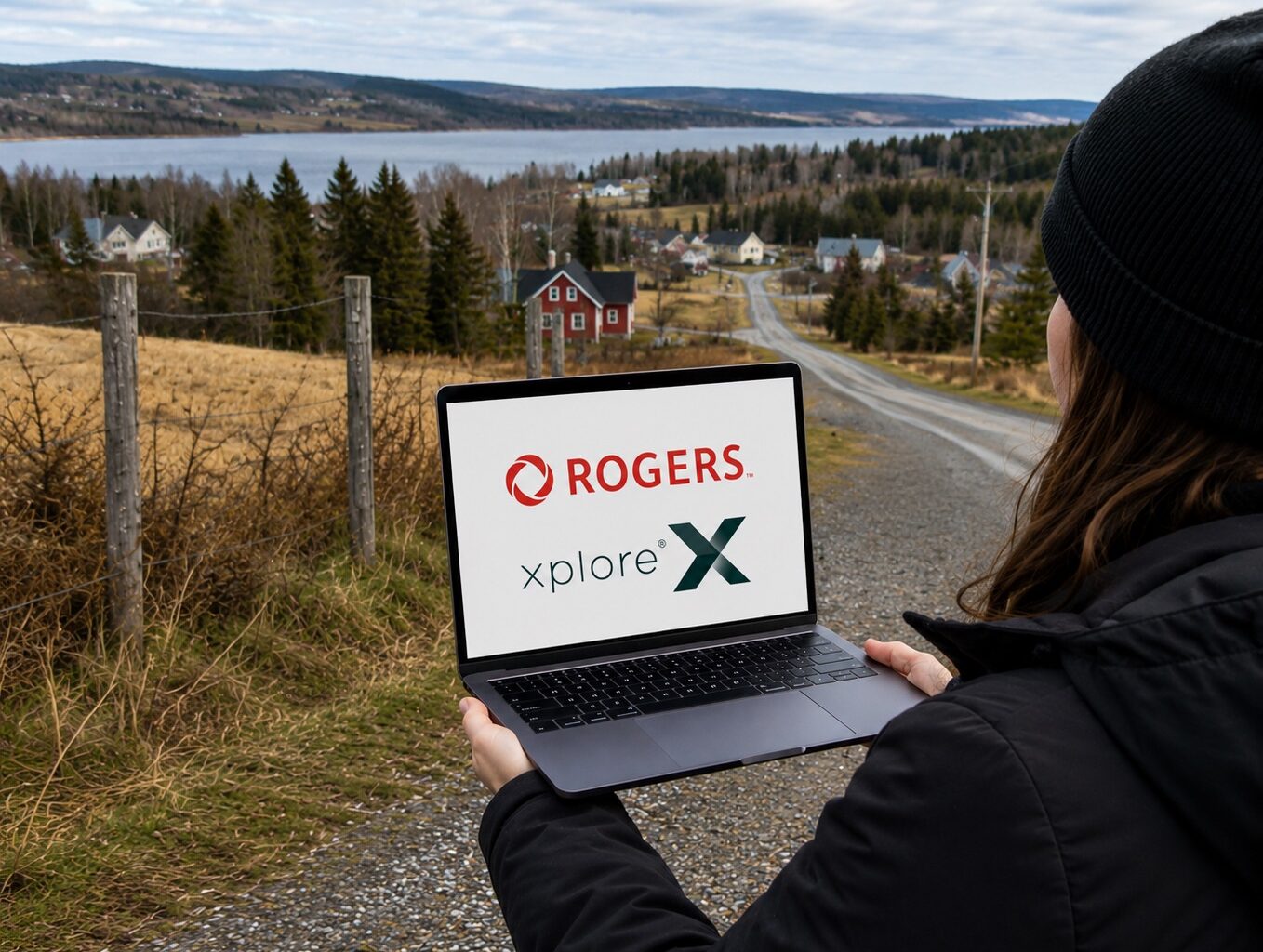 Person outdoors in a black jacket and beanie holds a laptop displaying the Rogers Xplore logo, with a rural village and lake in the background.