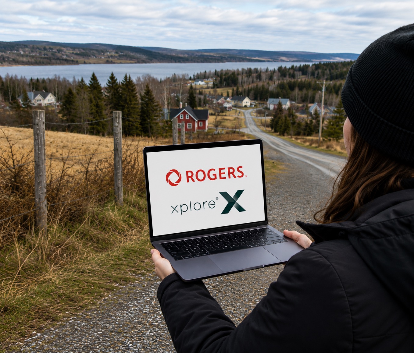 rogers xplore nb | iPhone in Canada Person outdoors in a black jacket and beanie holds a laptop displaying the Rogers Xplore logo, with a rural village and lake in the background.