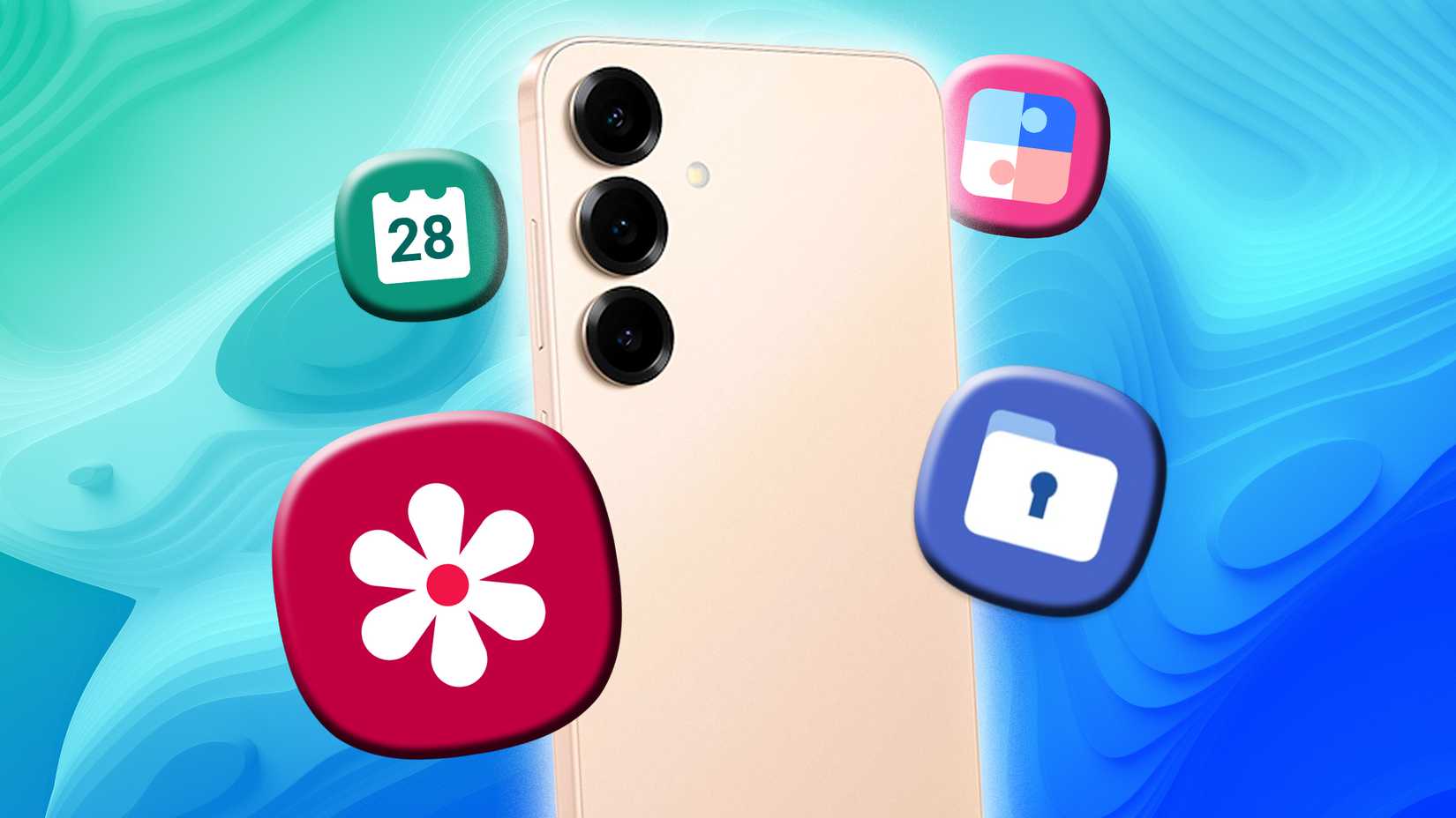 Zoomed in Galaxy app icons surrounding a galaxy phone on a blue patterned background