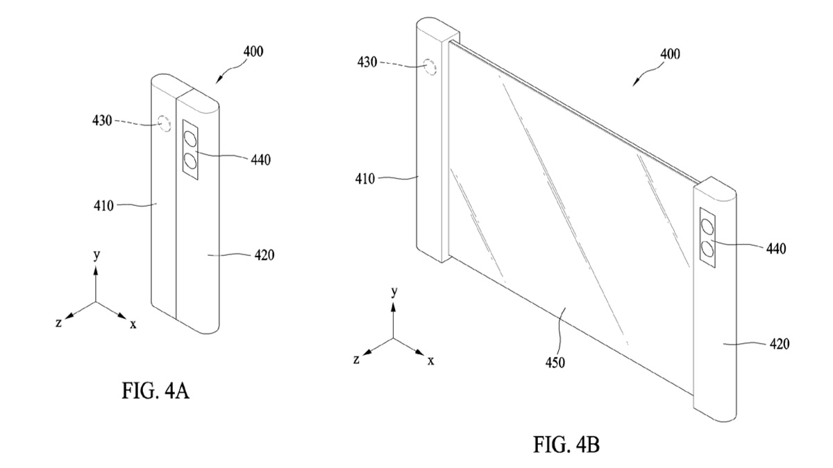 Patent filing figures showing the idea of a phone with a rolling display that rolls out when pulled and is completely out of view when in compact form.