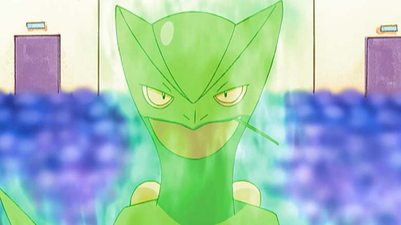 Sceptile surrounded by a green aura in the Pokemon anime