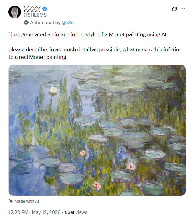 A tweet shows an AI-generated image in the style of a Monet water lily painting, featuring lily pads and flowers on water with green foliage. The tweet asks how this image is inferior to a real Monet painting.