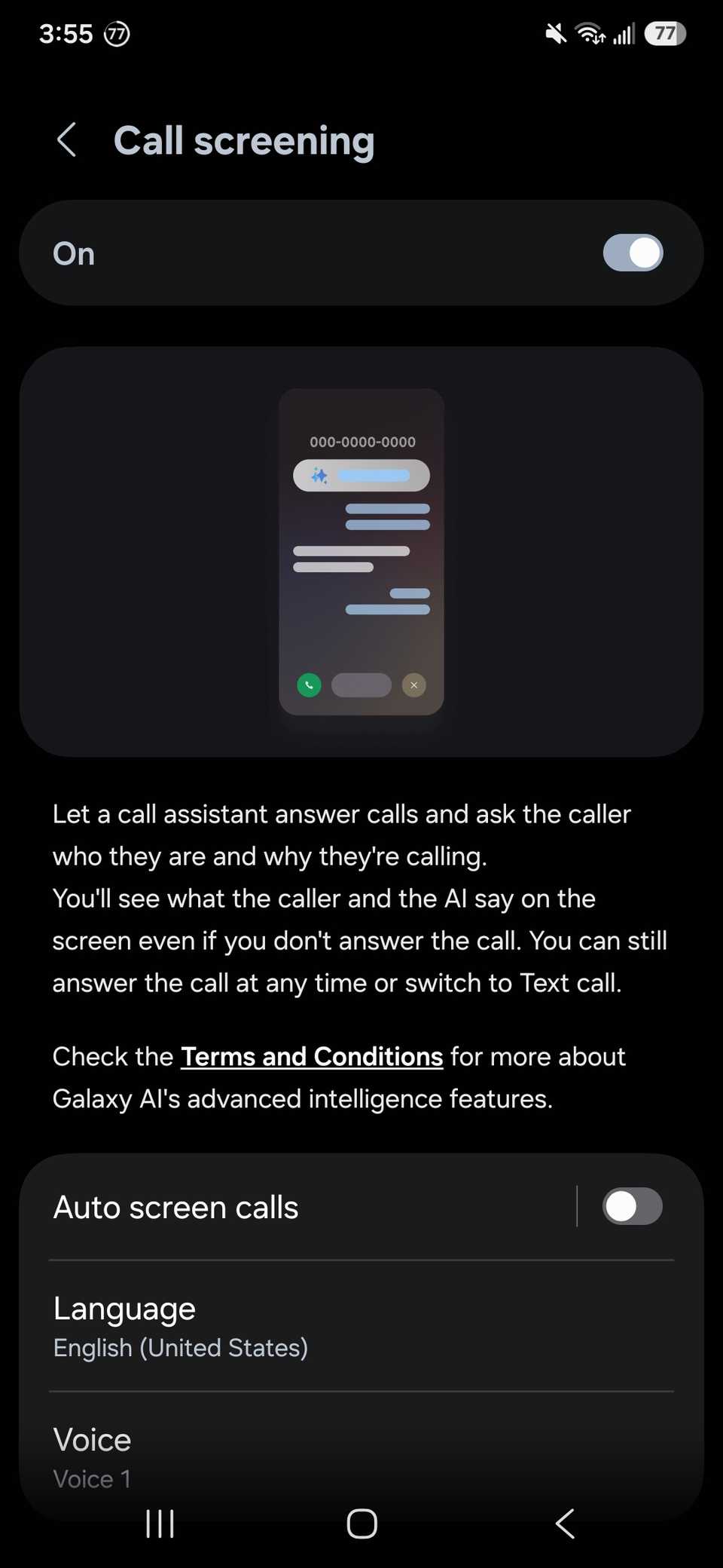 Samsung phone all with the call screening feature toggle and custom settings and description