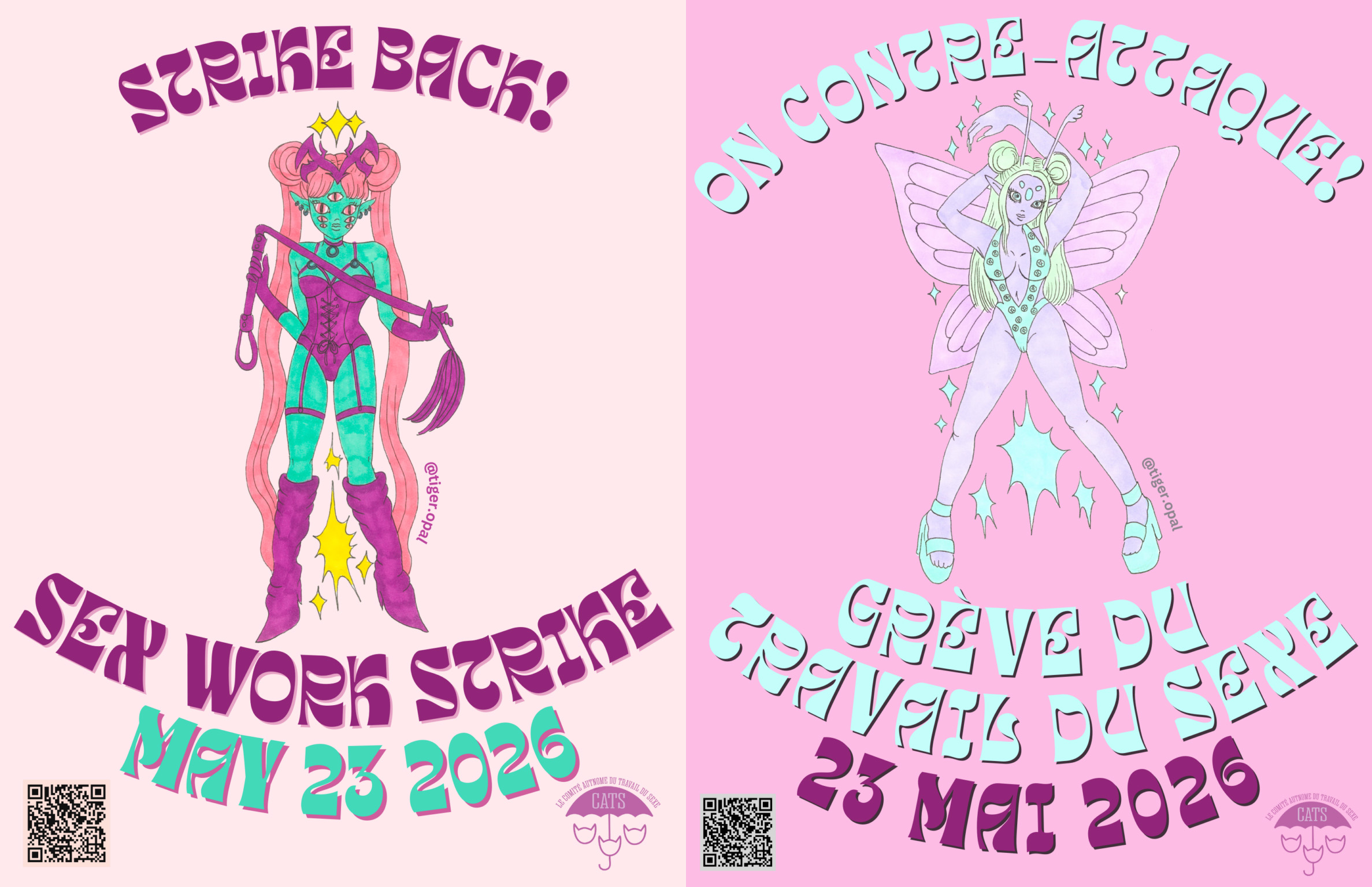 Pink posters in English and French show a drawing of an alien-looking stripper and the words 'Strike back! Sex work strike May 23 2026'