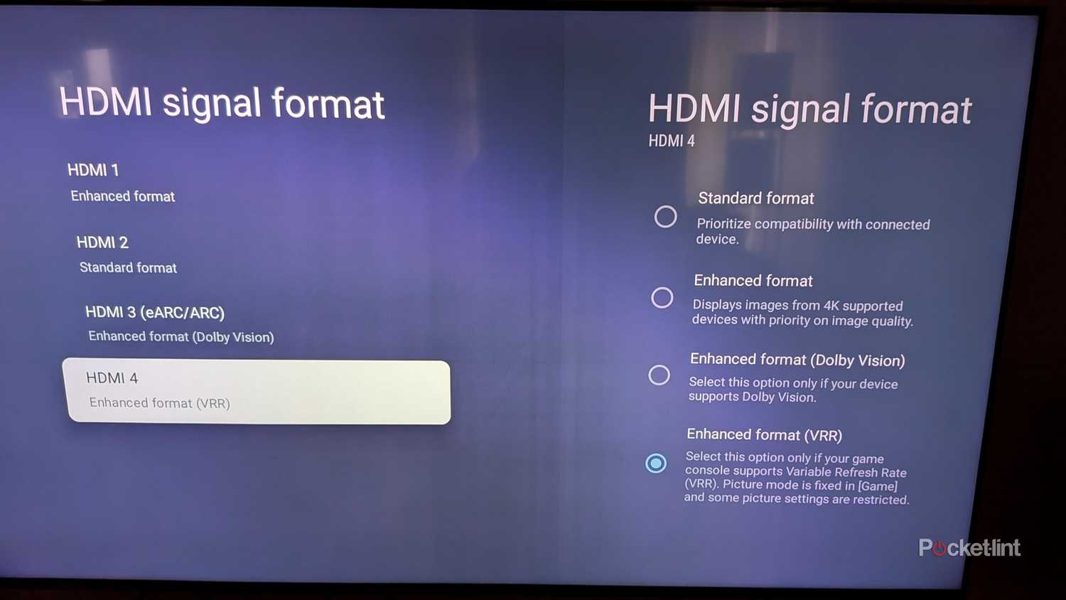 The HDMI signal format menu on a Google-based TV.